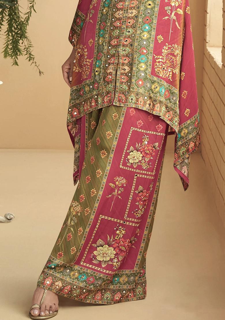 Pink Mirror Work Silk Kurta Set - Indya