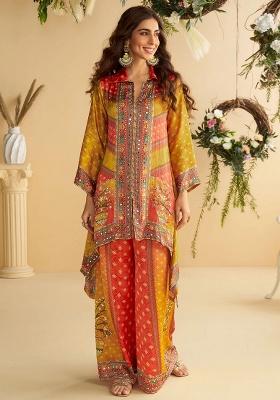 Yellow Mirror Work Silk Kurta Set