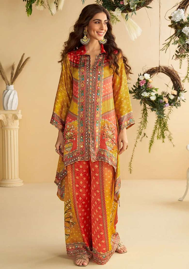 Yellow Printed Silk Co Ord Set - Indya