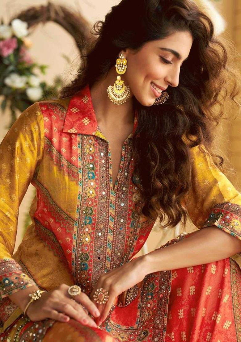 Yellow Mirror Work Silk Kurta Set - Indya