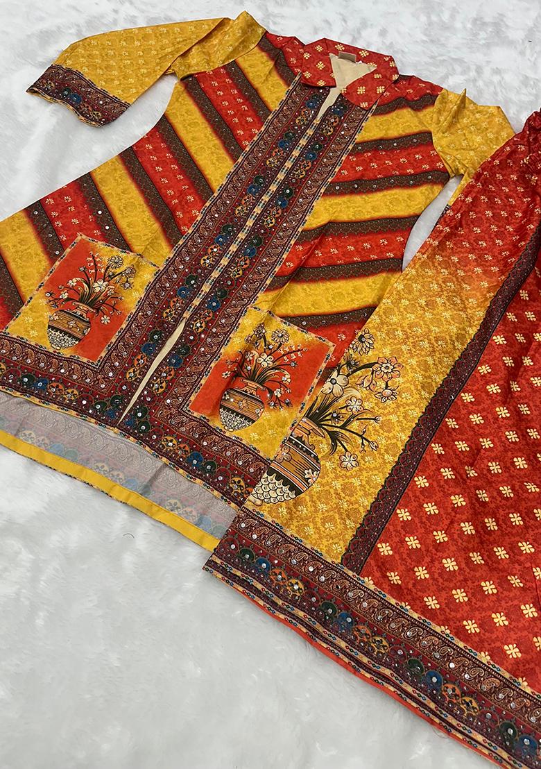 Yellow Mirror Work Silk Kurta Set - Indya