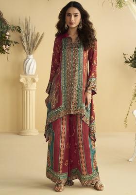 Maroon Mirror Work Silk Kurta Set