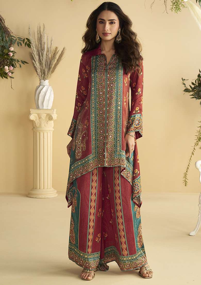 Maroon Printed Silk Co Ord Set - Indya