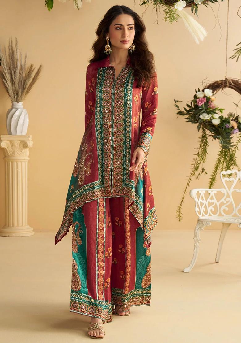 Maroon Mirror Work Silk Kurta Set - Indya