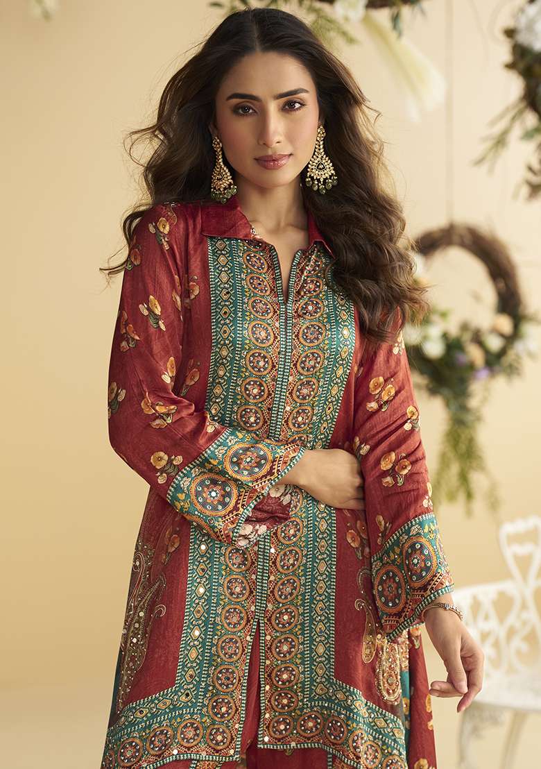 Maroon Printed Silk Co Ord Set - Indya