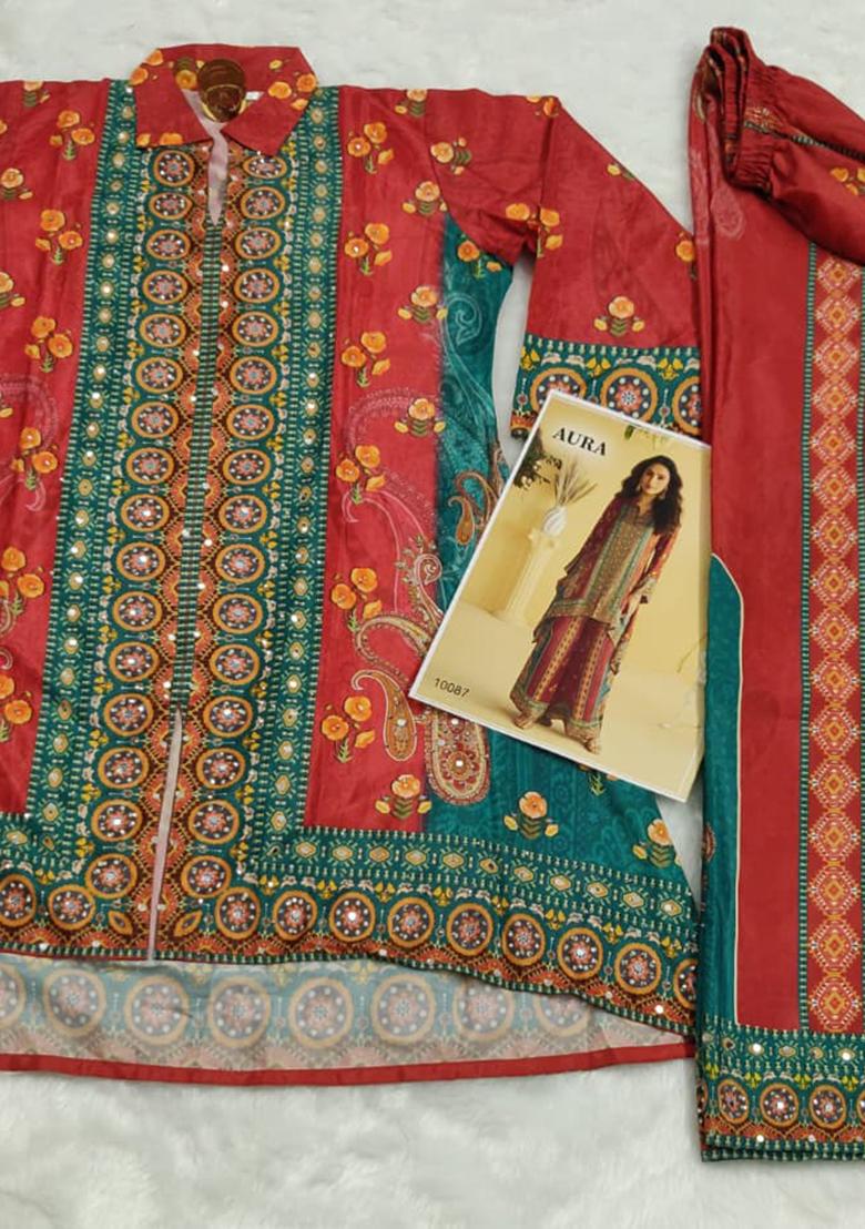 Maroon Mirror Work Silk Kurta Set - Indya