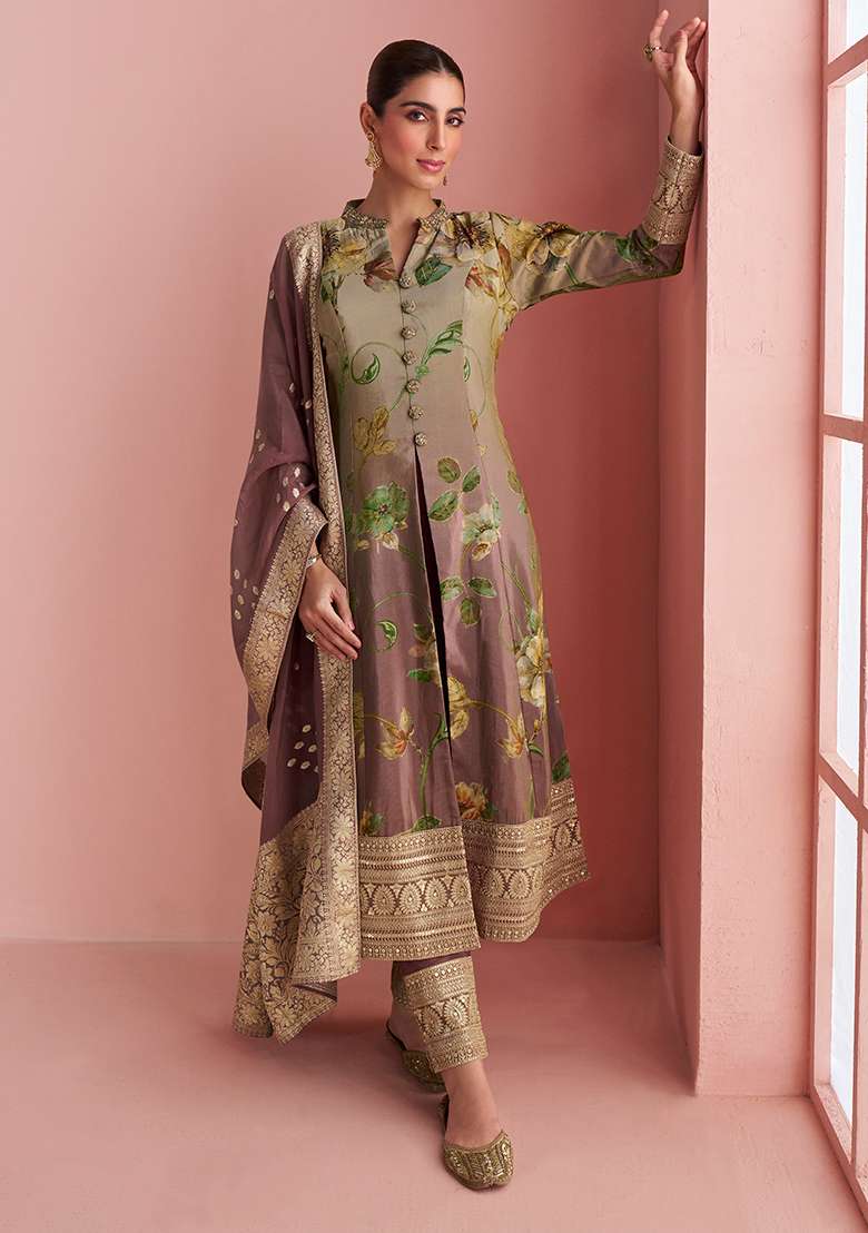 Brown Floral Print Silk Blend A Line Kurta Set - Indya