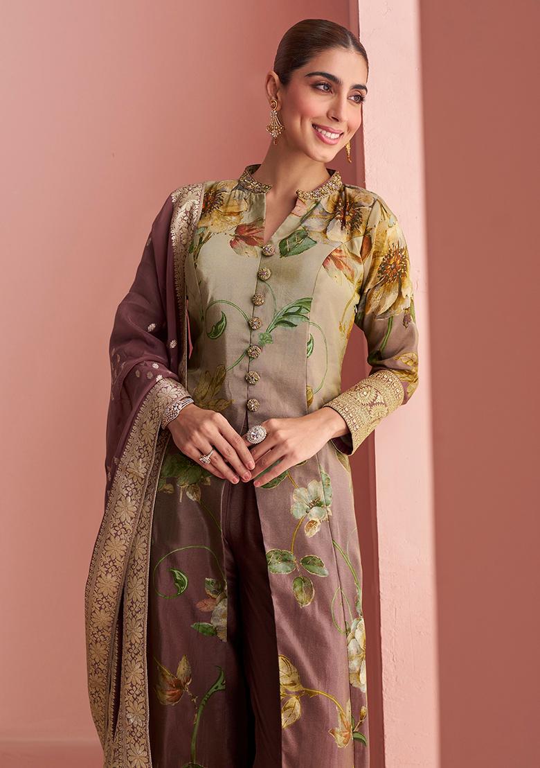 Brown Sequin Silk Kurta Set - Indya