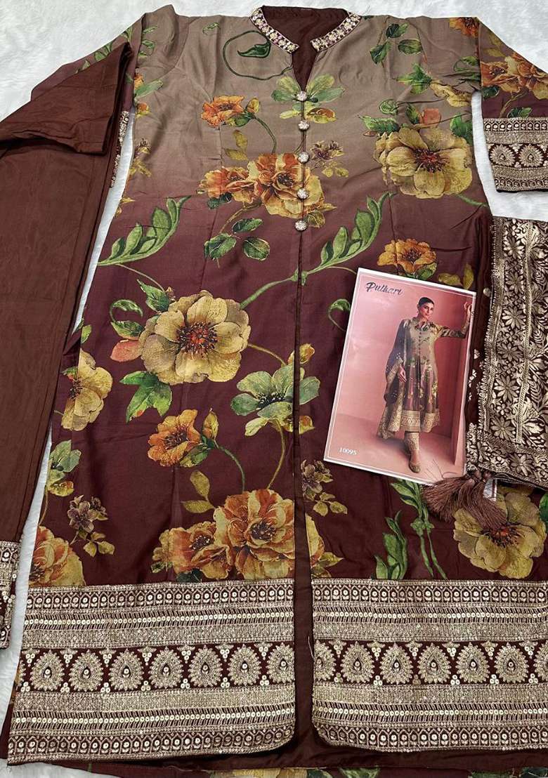 Brown Floral Print Silk Blend A Line Kurta Set - Indya