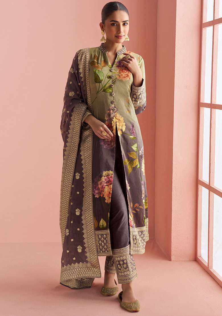 Grey Floral Print Silk Blend A Line Kurta Set - Indya