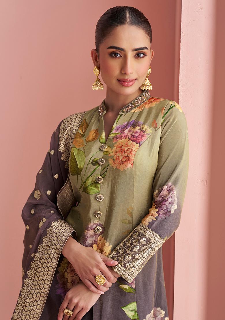 Grey Sequin Silk Kurta Set - Indya