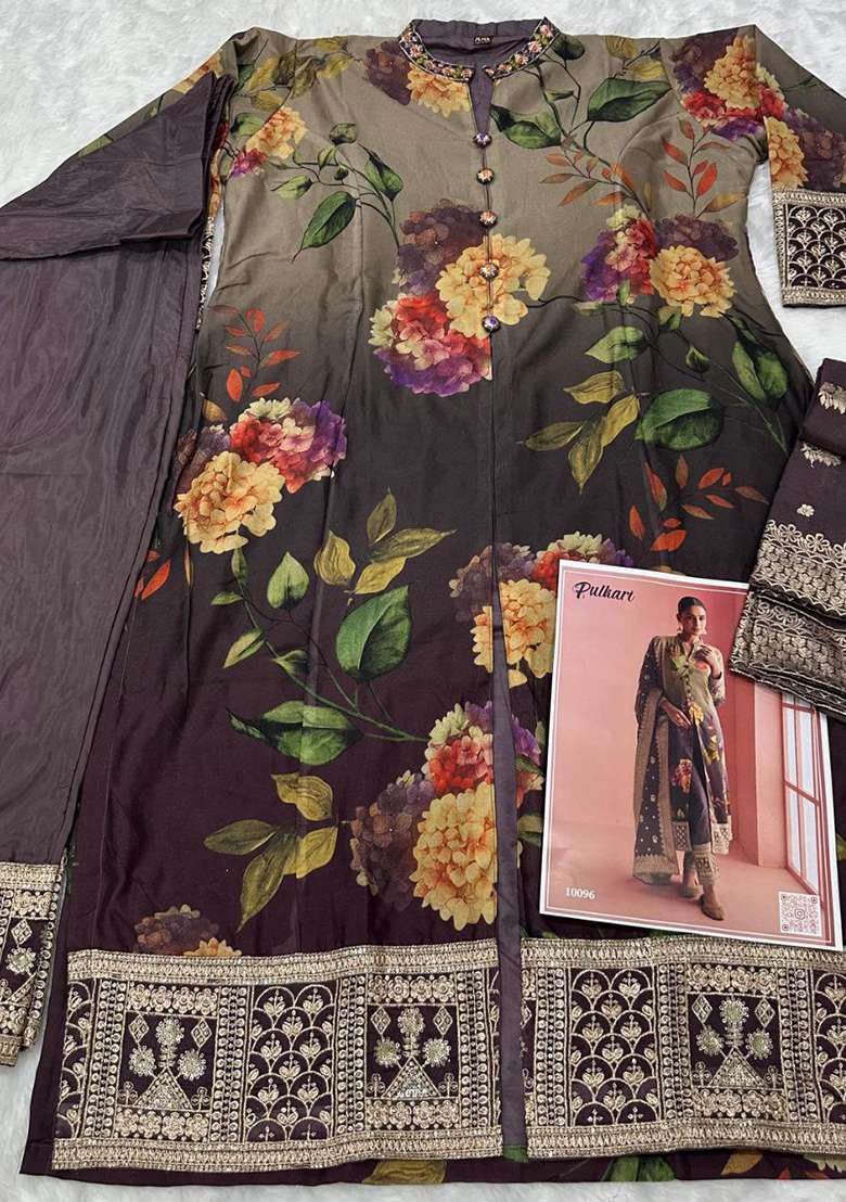 Grey Floral Print Silk Blend A Line Kurta Set - Indya