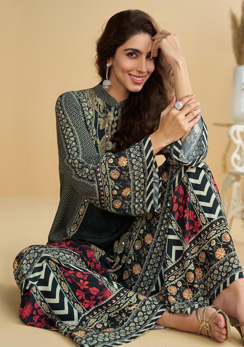 Black Printed Silk Kurta Set - Indya