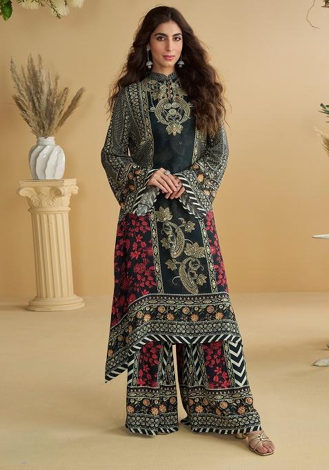 Black Printed Silk Kurta Set