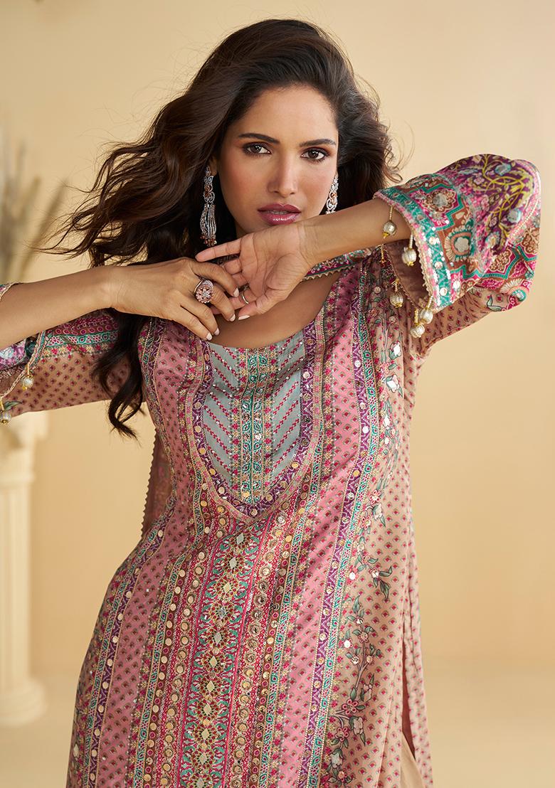 Pink Printed Silk Kurta Set - Indya