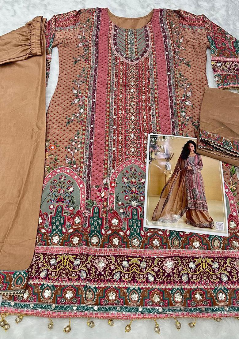 Pink Printed Silk Kurta Set - Indya