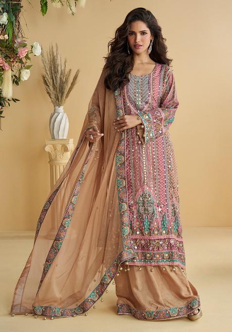 Pink Printed Silk Kurta Set