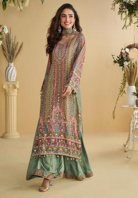 Sea Green Printed Silk Kurta Set