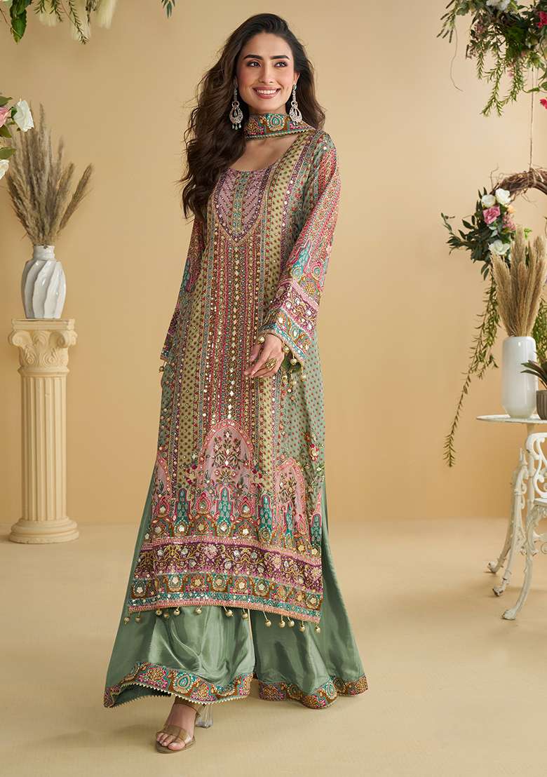 Sea Green Printed Silk Blend Pakistani Suit Set - Indya
