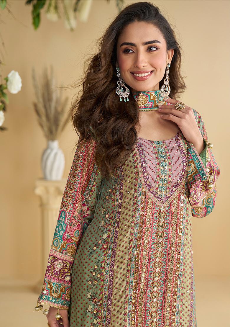 Sea Green Printed Silk Kurta Set - Indya