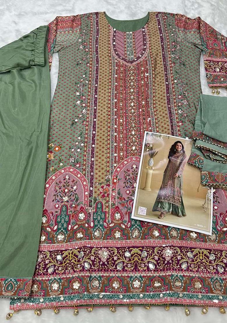 Sea Green Printed Silk Blend Pakistani Suit Set - Indya