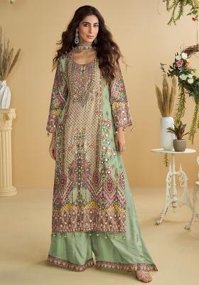 Pista Green Printed Silk Kurta Set