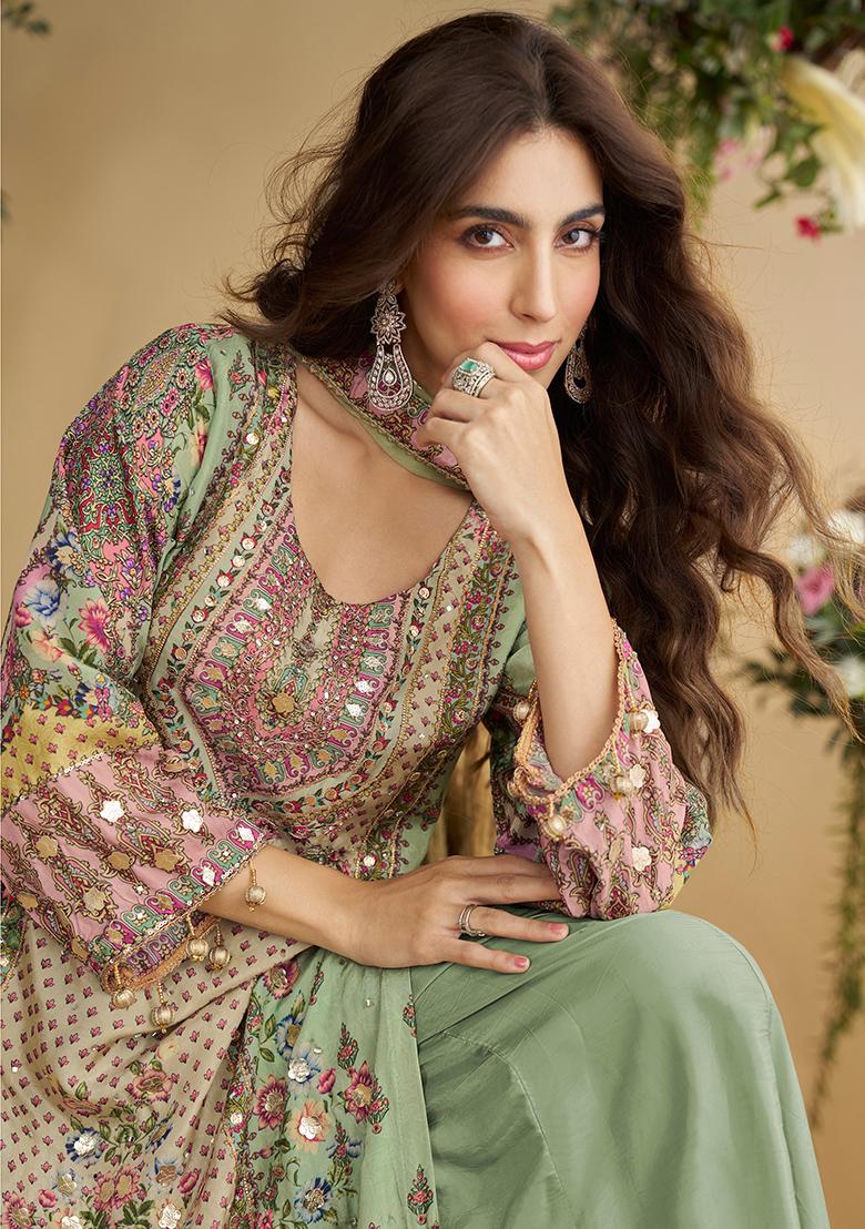 Pista Green Printed Silk Kurta Set - Indya