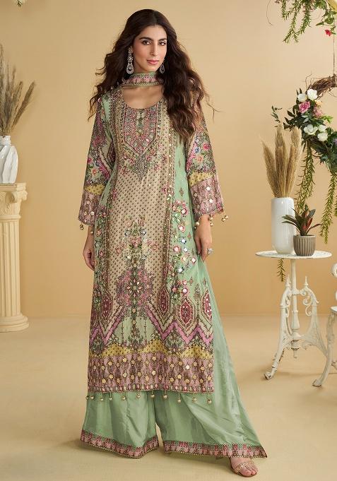 Pista Green Printed Silk Kurta Set