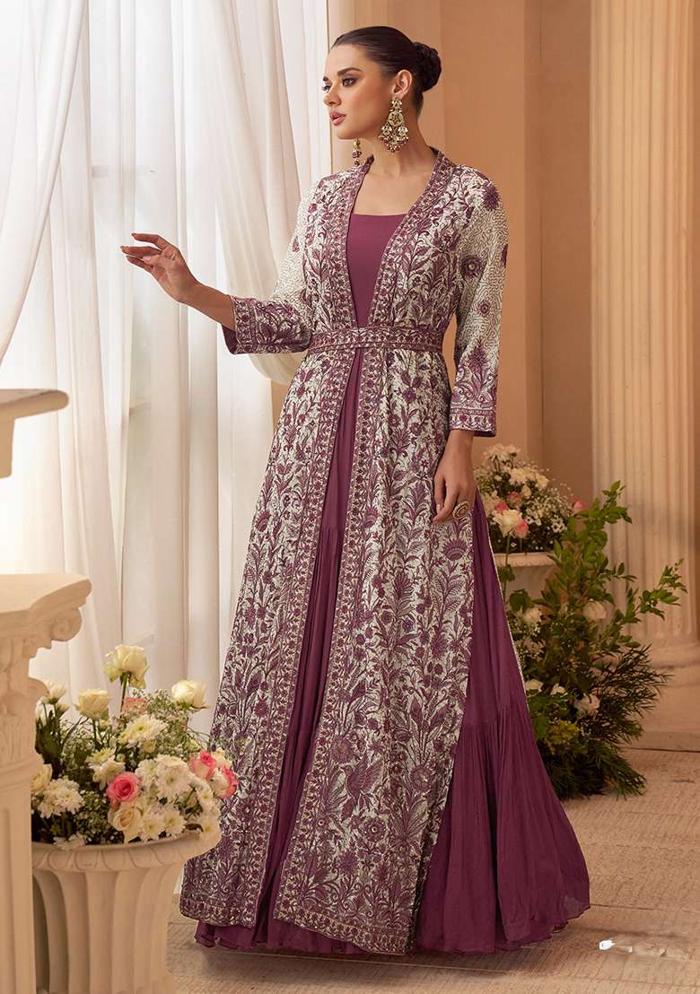 White Embroidered Chinon Anarkali Set - Indya