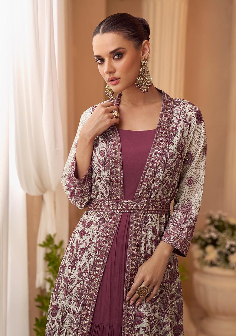 White Embroidered Chinon Shrug Set - Indya