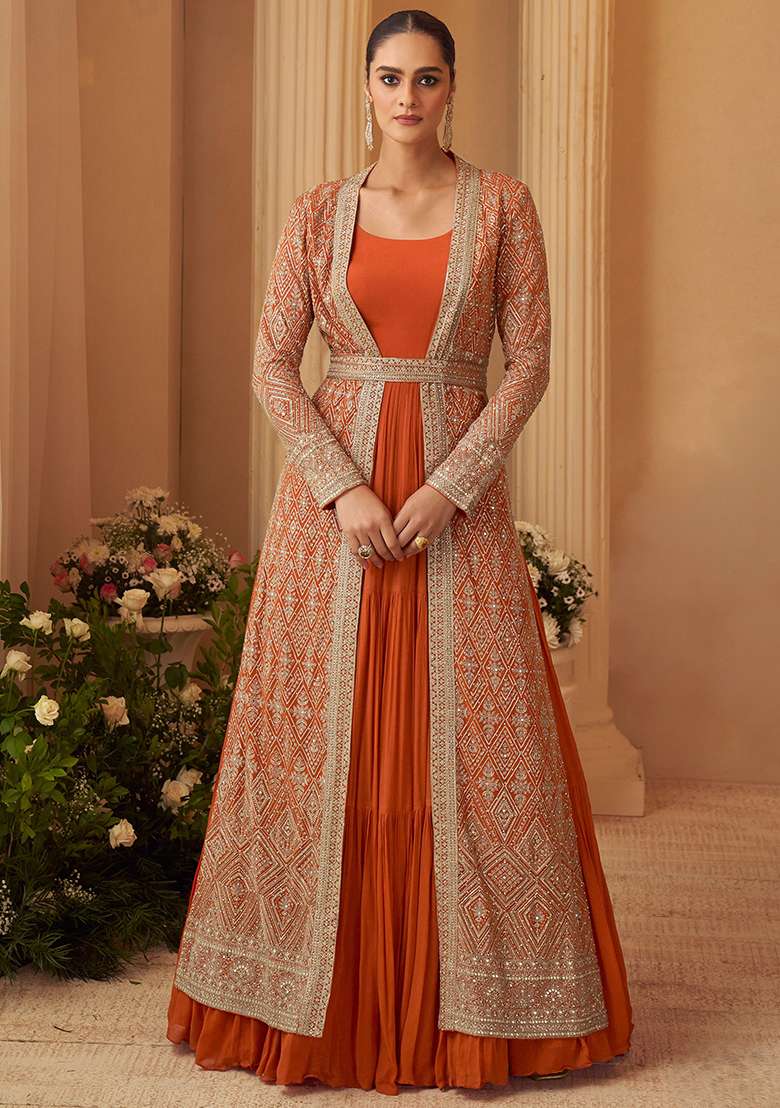 Orange Embroidered Chinon Anarkali Set - Indya