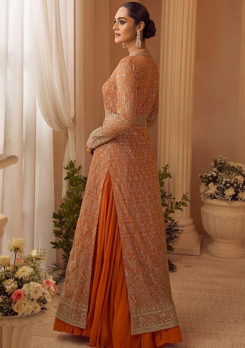 Orange Embroidered Chinon Anarkali Set - Indya