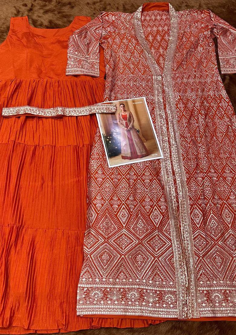 Orange Embroidered Chinon Shrug Set - Indya