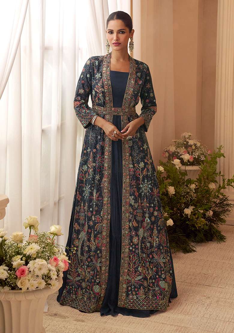 Navy Blue Embroidered Chinon Anarkali Set - Indya