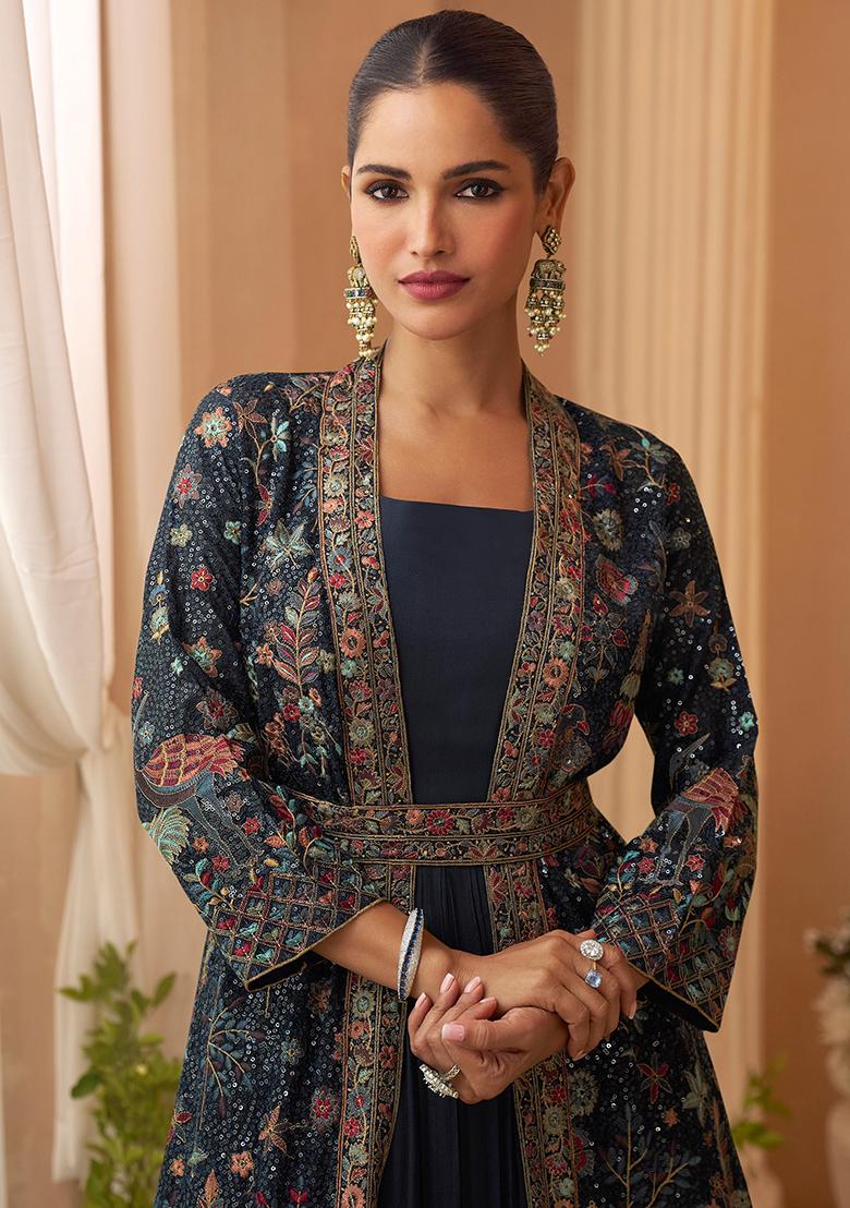 Navy Blue Embroidered Chinon Shrug Set - Indya