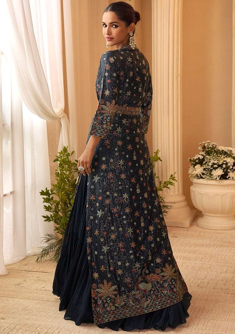 Navy Blue Embroidered Chinon Anarkali Set - Indya