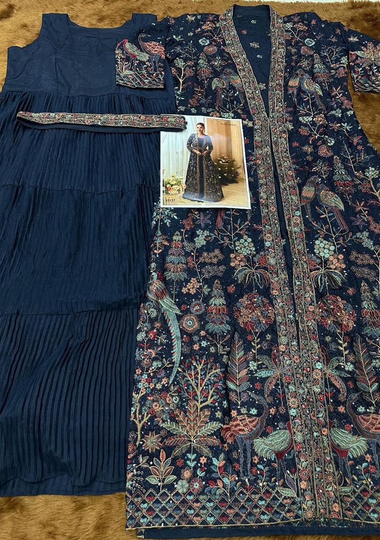 Navy Blue Embroidered Chinon Shrug Set - Indya