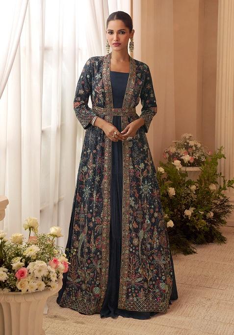 Navy Blue Embroidered Chinon Shrug Set