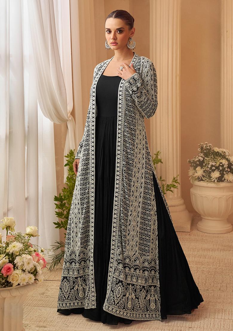 Black Embroidered Chinon Shrug Set - Indya