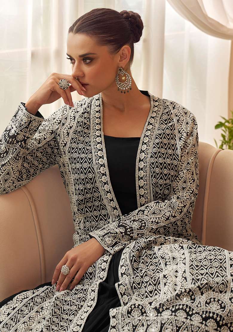 Black Embroidered Chinon Anarkali Set - Indya