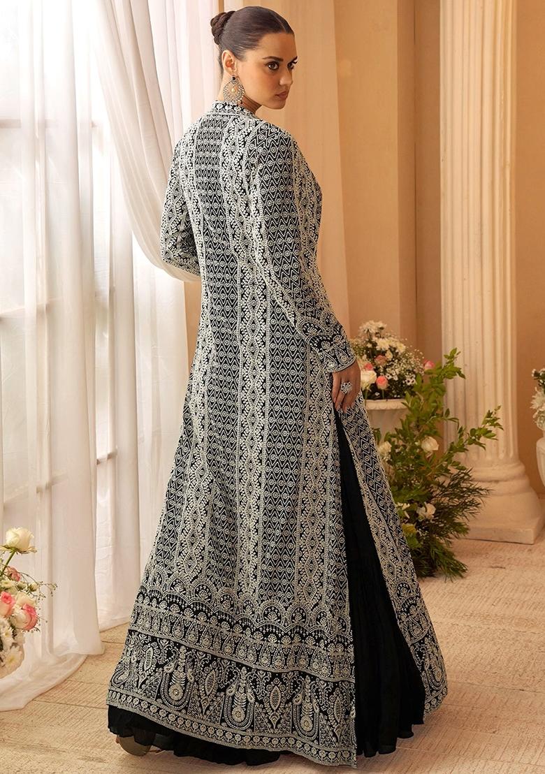 Black Embroidered Chinon Shrug Set - Indya