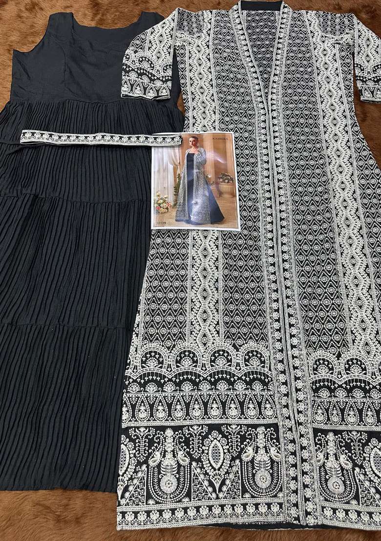 Black Embroidered Chinon Anarkali Set - Indya