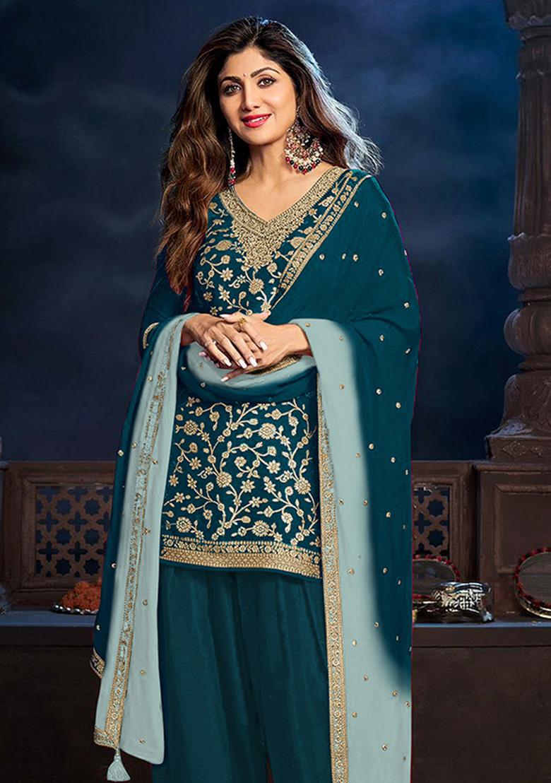 Teal Weaving Work Viscose Kurta Set - Indya