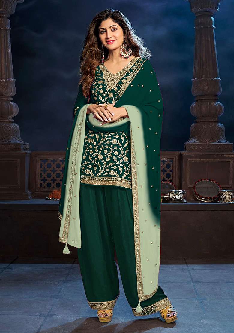 Green Zari Work Viscose Pakistani Suit Set - Indya