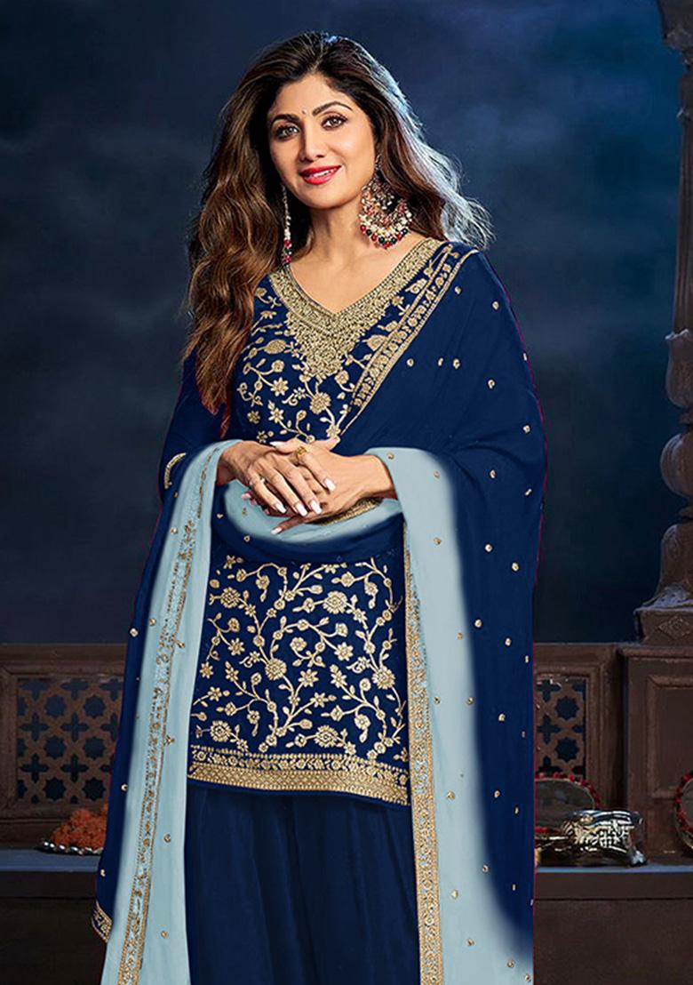 Blue Weaving Work Viscose Kurta Set - Indya
