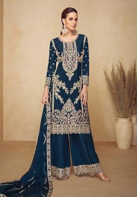 Navy Blue Embroidered Viscose Kurta Set