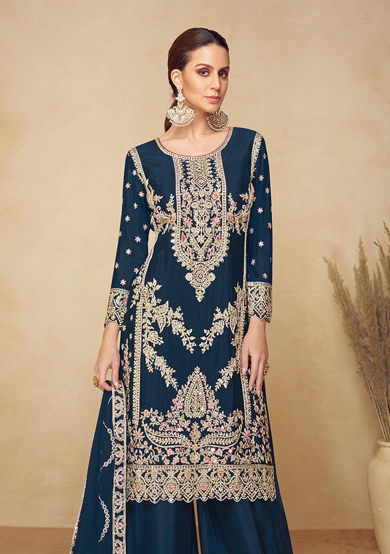 Navy Blue Embroidered Viscose Kurta Set - Indya