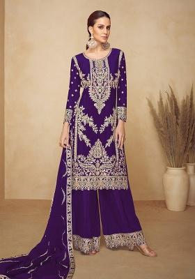 Purple Embroidered Viscose Kurta Set