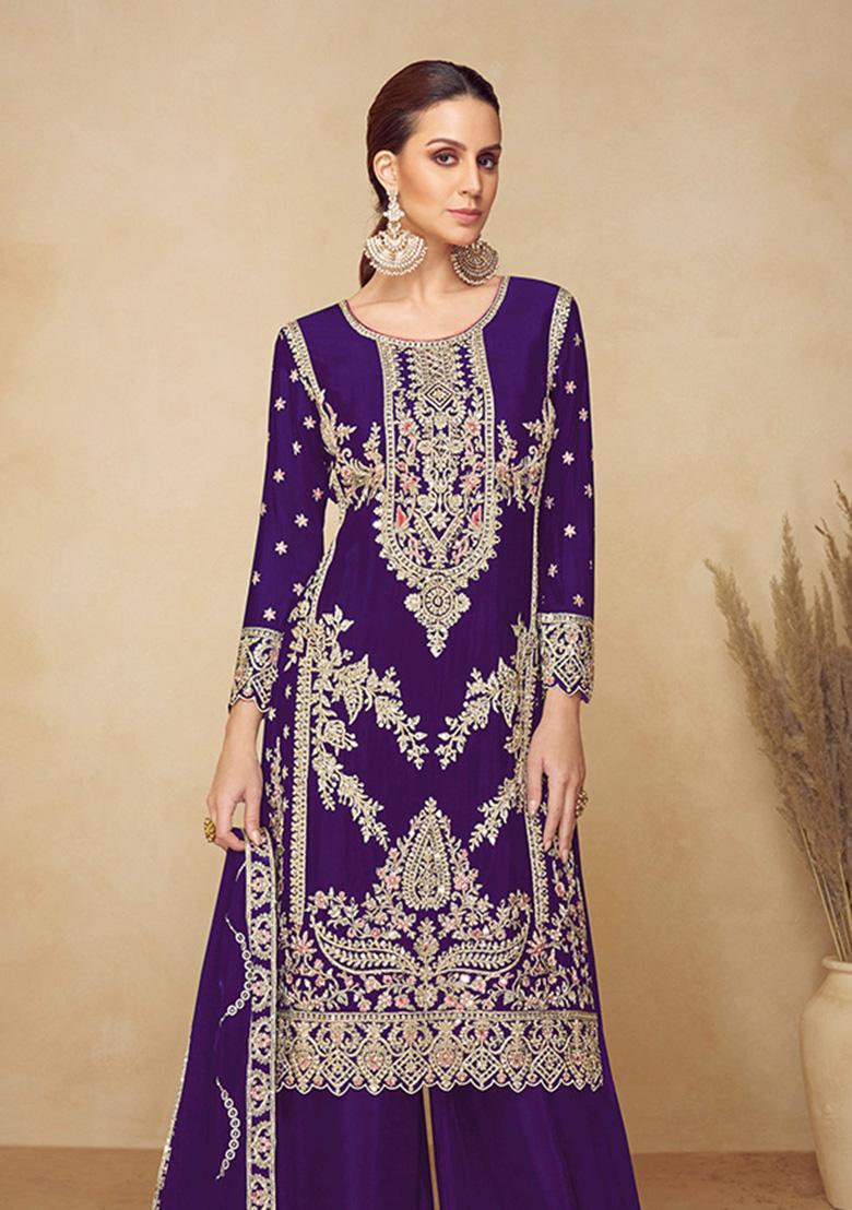 Purple Embroidered Viscose Kurta Set - Indya