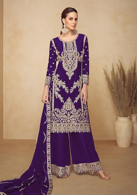 Purple Embroidered Viscose Kurta Set